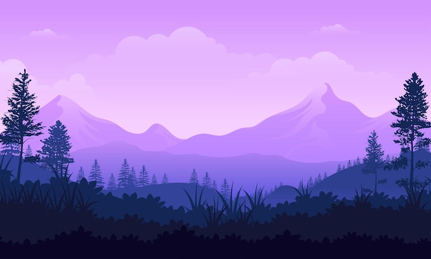 Violet skies and the vast mountain forests lands with trees