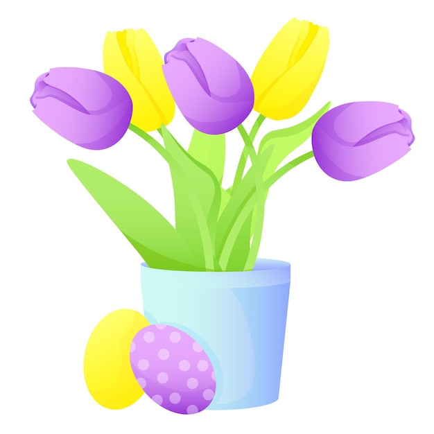 Violet tulips bouquet easter eggs