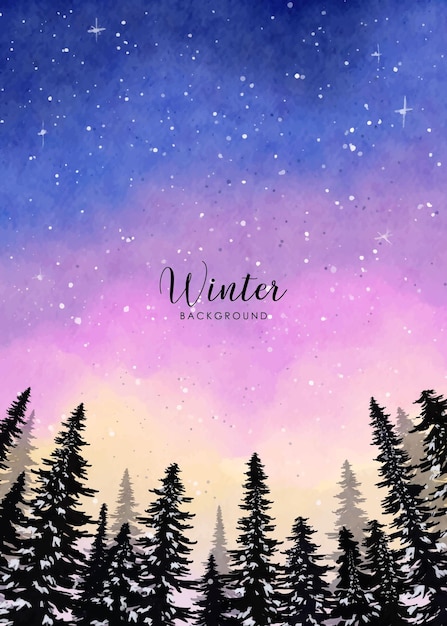 Violet Watercolor misty pine forest and snow winter background