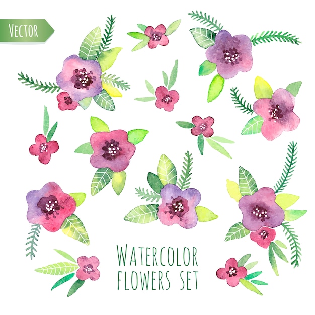 Vector violet watercolor set. elements