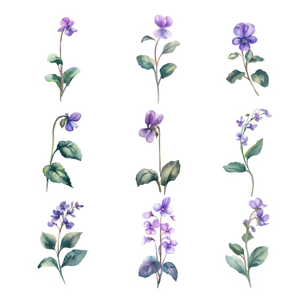 ViolettenWaterverf bloemen set met de hand getekende illustratie geïsoleerd op witte achtergrond