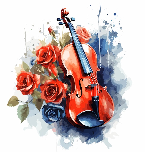 A violin and a bouquet of roses are on a white background.