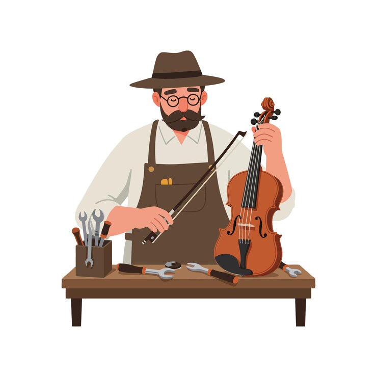 Vector violin maker carefully working on instrument with tools in flat design vector art