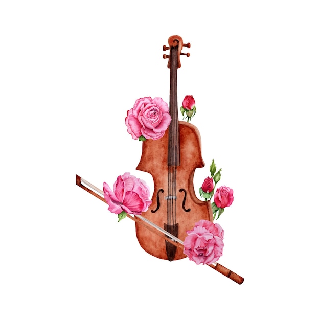 Violin with bow decorated with Roses watercolor illustration on white background