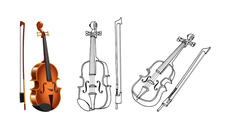 Vector a violin with a bow, a wooden acoustic musical instrument. in black ink.