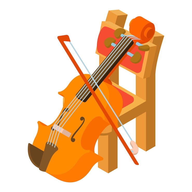 Vector violine icon isometric vector bowed musical instrument near wooden chair icon music and art concept