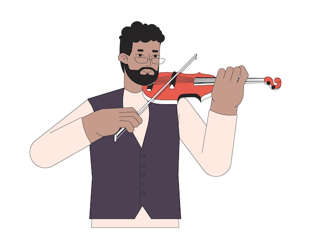 Violinist playing with violin bow 2d linear cartoon character african american bearded man fiddle player isolated line vector person white background performing arts color flat spot illustration