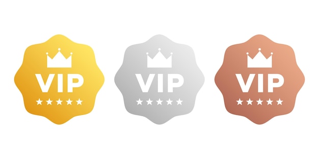 Distintivi vip in colore oro argento e bronzo e set attraente di adesivi con emblema vector vip