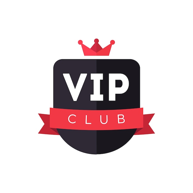 Design del logo distintivo di vettore di appartenenza esclusiva al club vip con corona rossa e nastro su sfondo bianco