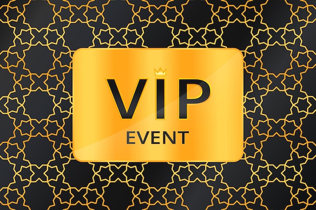 金色のアラビア語のパターンに王冠と金のカードと黒のテキストでvipイベントの背景。プレミアムで豪華なバナーまたは招待状のテンプレートデザイン。ベクトルイラスト。