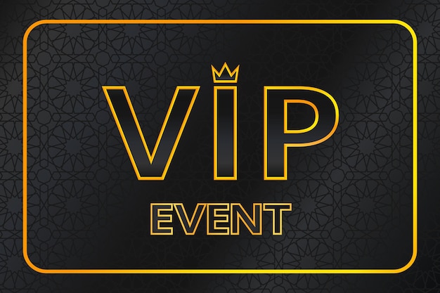 Sfondo evento vip con testo oro lucido con corona e cornice su motivo arabo nero. banner premium e di lusso o design del modello di invito. illustrazione vettoriale.