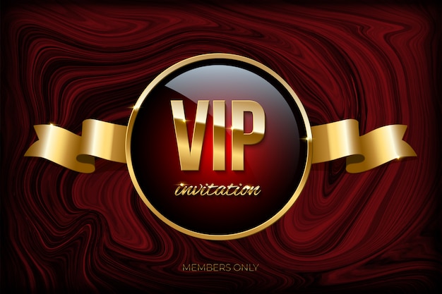 Vip invitation design template, golden ribbon and vip invitation text on dark red marble texture.