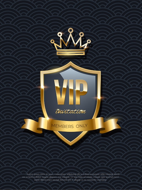 Vip invitation with shiny glowing golden crown on shield and ribbon on black background, party premium, exclusive quilted design poster, luxury royal template.