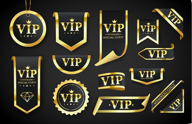 Vip метка, значок или метка. вектор черный баннер с золотым vip-текстом. векторная иллюстрация