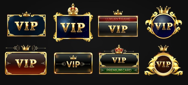 Vip-labelset, zwart label met gouden gloeiende en vierkante rand met kroon bovenop