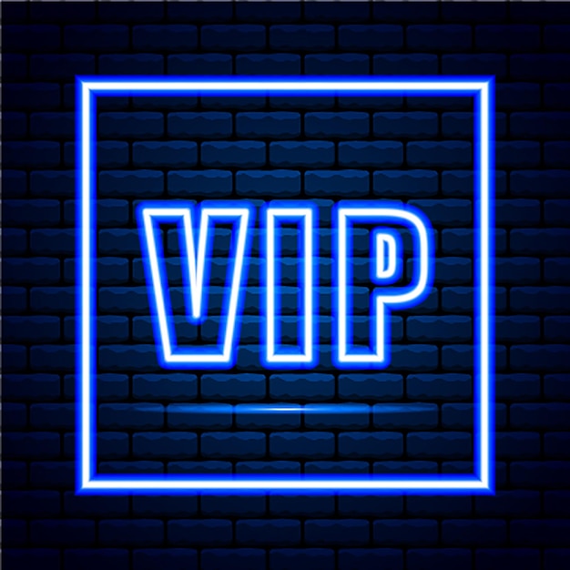 Vector vip-neontekst op neonbanner met verlichte muur