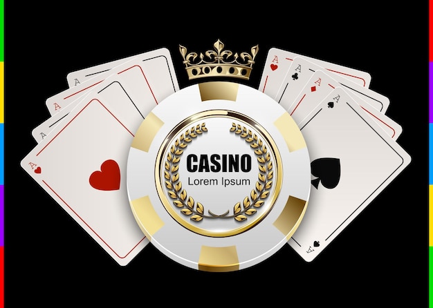 Chip di lusso bianco e dorato del poker vip in corona d'oro con il concetto di logo del casinò di vettore di carta asso. emblema del club di poker reale con corona di alloro isolato su sfondo nero