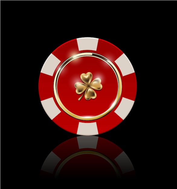 Vip poker red and white chip with golden ring and light effect vector. black jack poker club casino four-leaf clover emblem isolated on black background.