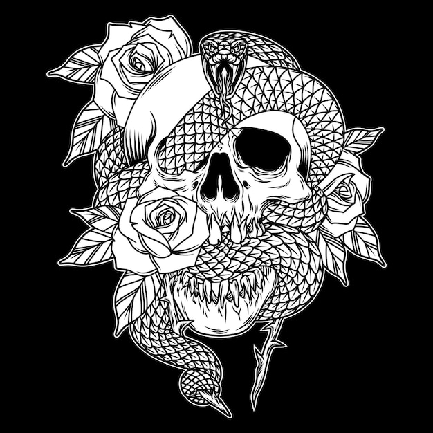 Viper and skull black and white illustration