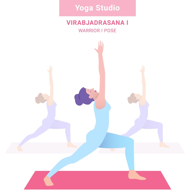 VIRABJADRASANA I. WARRIOR I POSE. Yoga studio. Vector yoga