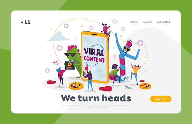 Vector viral content landing page template. tiny people dance at huge mobile phone with funny characters. social media blogging, movie streaming, online network likes attracting. cartoon