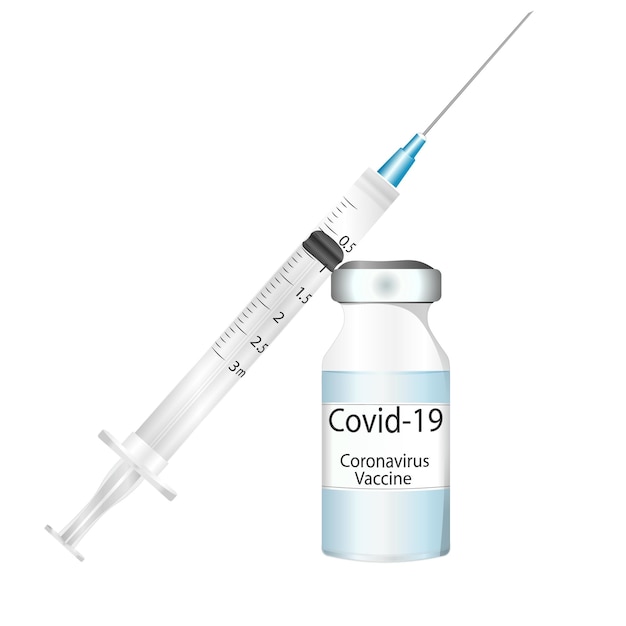 ウイルスコロナウイルスワクチンボトルのベクトル図と注射器のベクトル