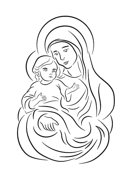 Vector virgin mary holding baby jesus in black and white coloring