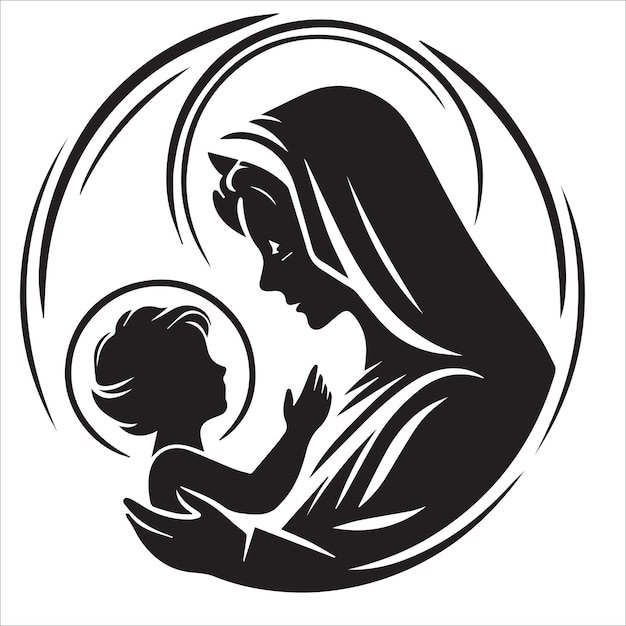 A virgin mary holding a baby jesus in black and white vector