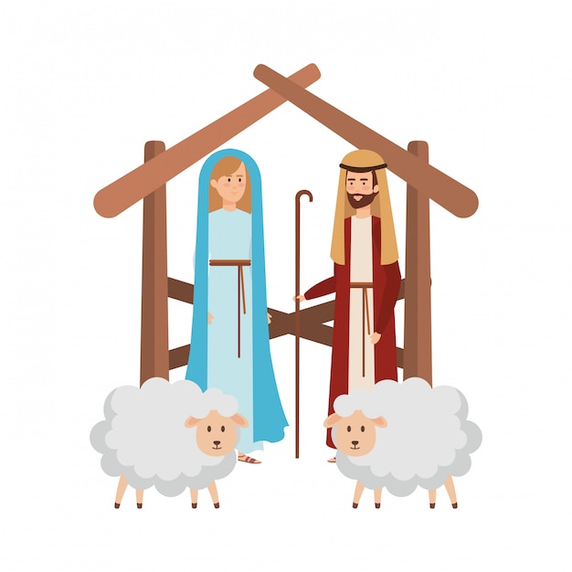 Virgin mary and saint joseph with sheeps