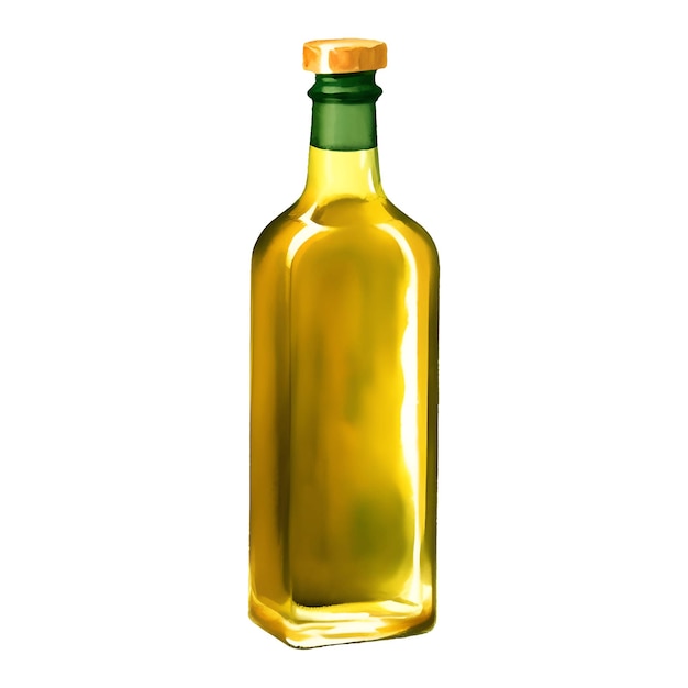 Virgin olive oil in glass bottle isolated hand drawn painting illustration