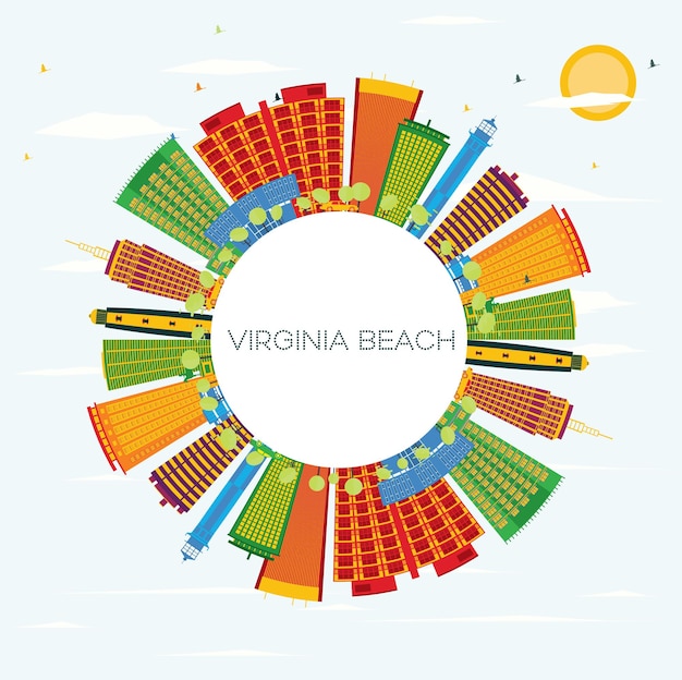 Vettore virginia beach skyline con edifici di colore, cielo blu e spazio di copia. illustrazione di vettore. viaggi d'affari e concetto di turismo con architettura moderna.