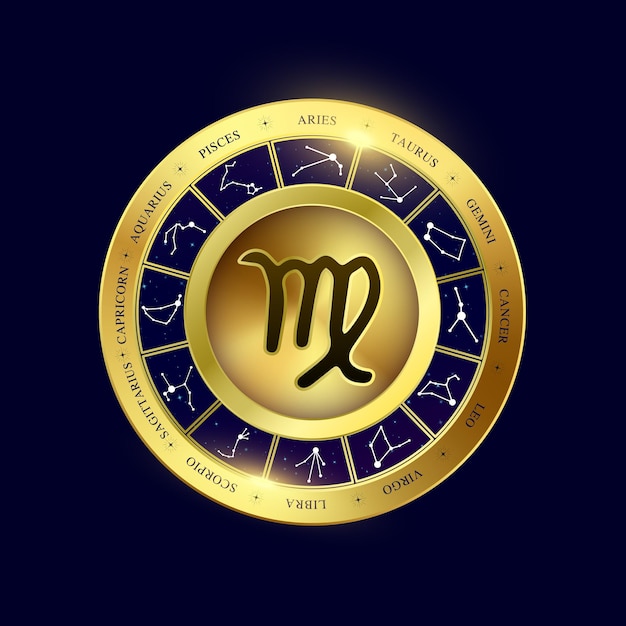 Virgo zodiac coin gold Witchcraft astrology constellations Modern magic divination blue background.