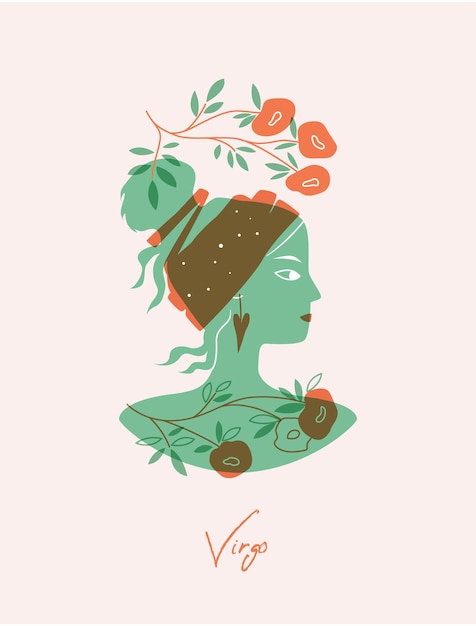 Vettore carta segno zodiacale vergine silhouette femminile verde con fiori e turbante in testa