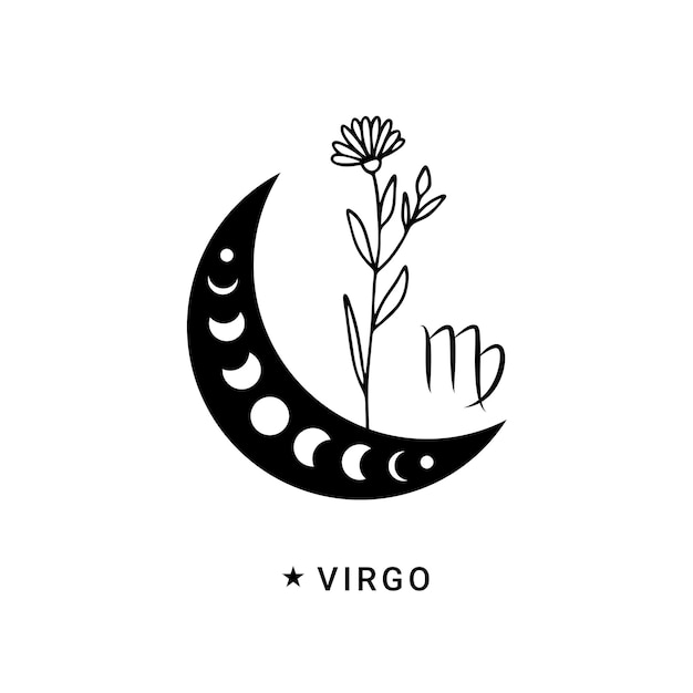 Vector virgo zodiac sign with wildflower and moon phases