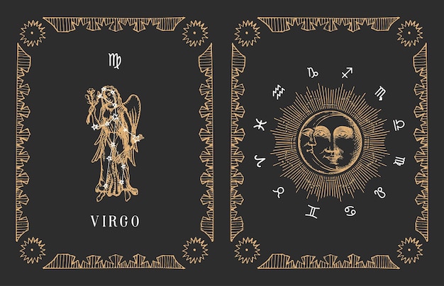 Символ зодиака девы в векторной старой карте гороскопа