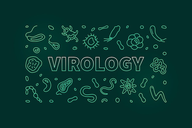 Vector virologie vector microbiologie en virus concept schetsen groene illustratie of horizontale banner met donkere achtergrond