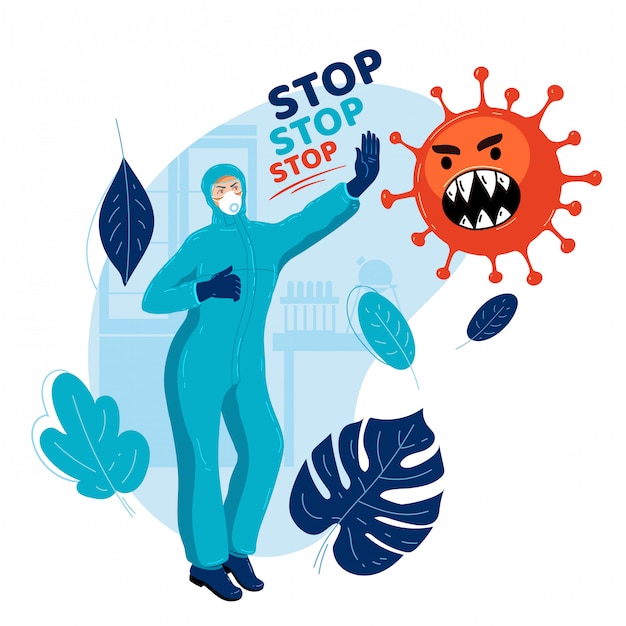 Viroloog in medisch beschermend pak stopt de verspreiding van het virus.