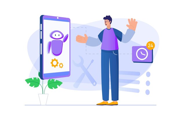 플랫 디자인의 사람 장면을 사용한 가상 비서 개념 Man은 채팅을 지원하기 위해 씁니다.