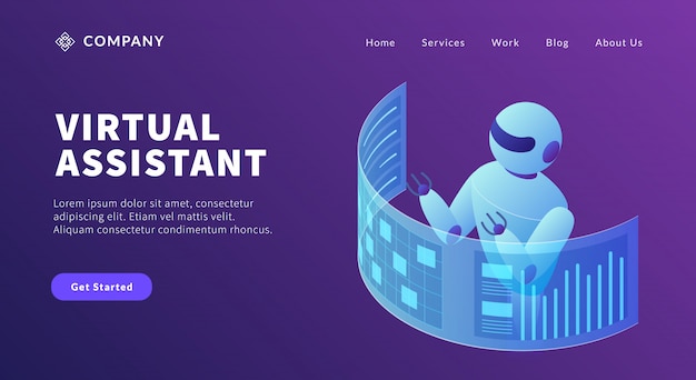 Virtual assistant robot concept to do list and graph chart data information for website template or landing homepage