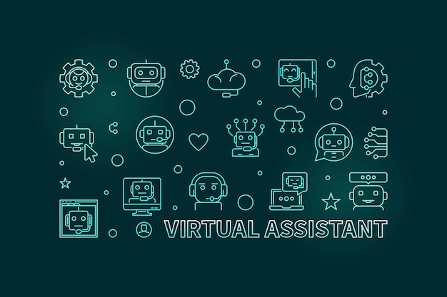 Virtual assistant schetst horizontale kleurrijke banner online chat en chatbot vector illustratie