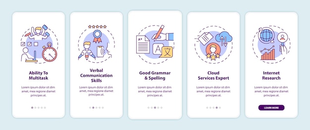 Virtual assistant skills onboarding mobile app page screen with concepts