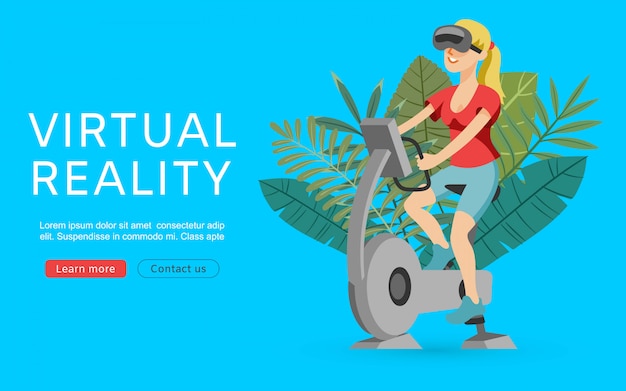 Illustrazione di realtà aumentata virtuale. metta in mostra la ragazza con i vetri del vr che si esercita sull'apparecchiatura, sull'allenamento e sulla bicicletta della palestra. banner web di realtà virtuale.