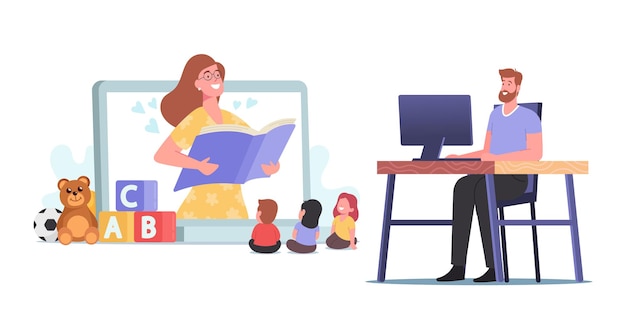 Baby sitter virtuale, servizio di baby sitter online, concetto di insegnamento a distanza. personaggio femminile della tata che intrattiene i bambini, legge libri via internet mentre il padre lavora. cartoon persone illustrazione vettoriale