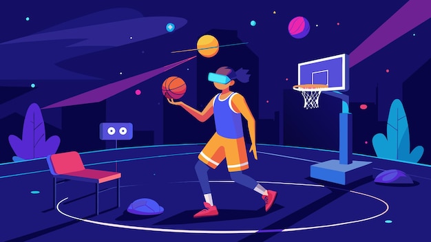 Vector on a virtual basketball court a person practices shooting hoops and running drills using a vr