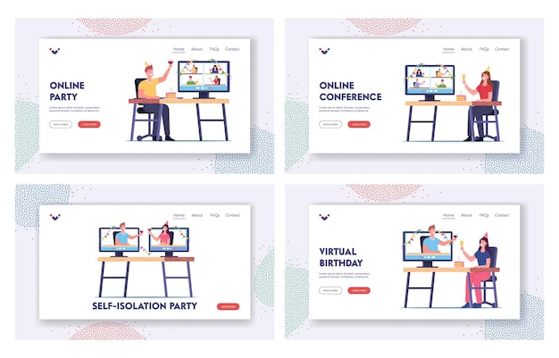 Virtual Birthday Home Party Landing Page Template Set. Characters Holding Wineglasses with Alcohol Celebrate Holiday Drinking Cocktail and Communicating Online. Cartoon People Vector Illustration