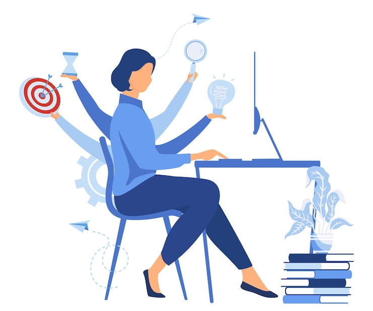 Vector virtual business assistant concept graphic design of mobile assistant moving up investing money in a projectmultifunctional worker flat vector modern illustration