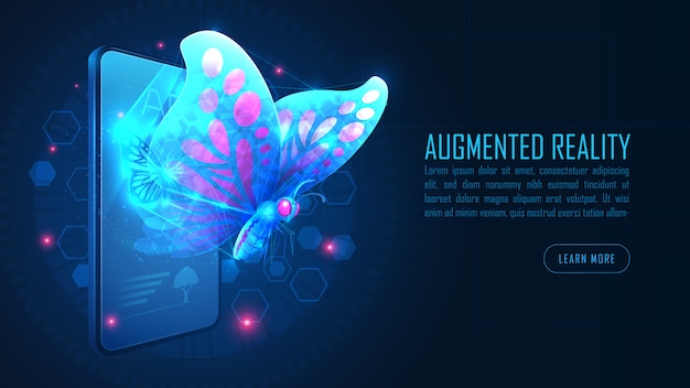 Vector virtual butterfly augmented reality fly out from smartphone background concept