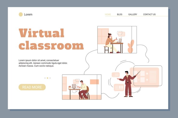 Vector virtual classroom and distance education website flat vector illustration