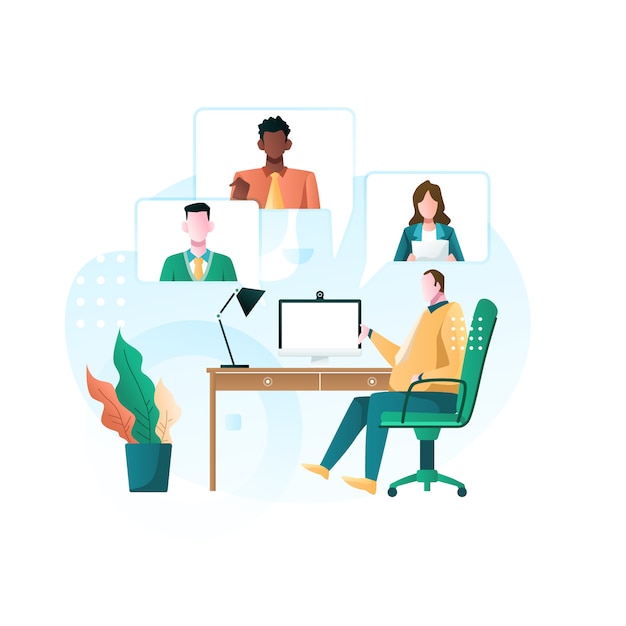 Virtual conference call of a business group meeting and work from home illustration