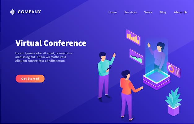 Virtual conference with hologram technology future for website template or landing homepage